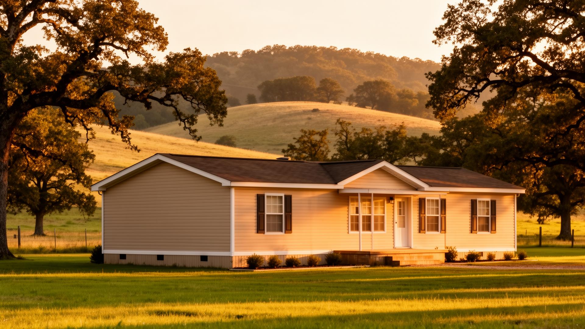 A well-kept mobile home on Arkansas property at golden hour